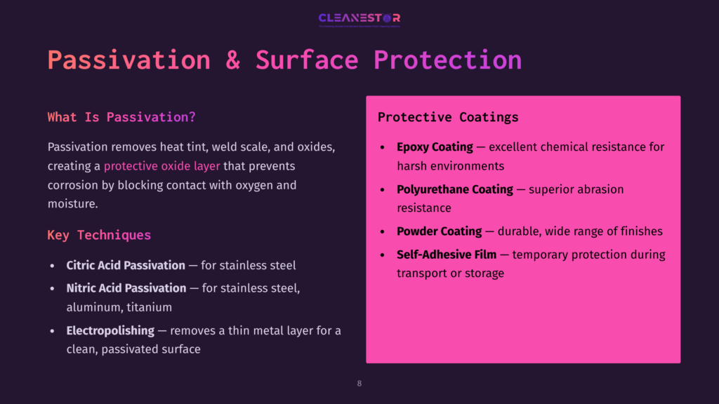 Presentation Slide Titled &Quot;Passivation &Amp; Surface Protection&Quot; Detailing Protective Coatings Like Epoxy Coating, Polyurethane Coating, And Self-Adhesive Film.