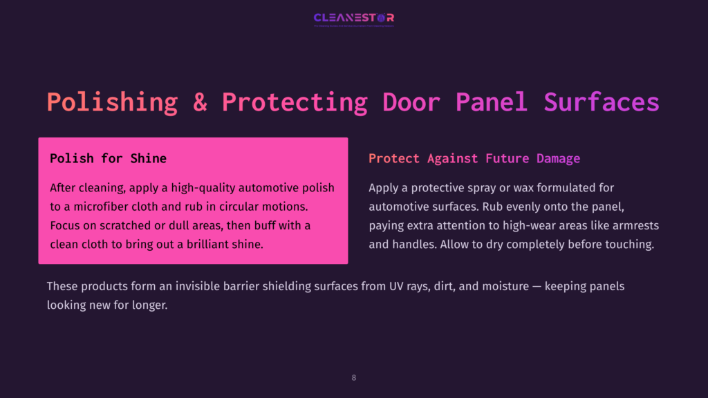 Instructions On Polishing And Protecting Car Door Panel Surfaces, With Bold Headings And Pink Accents On A Dark Background.