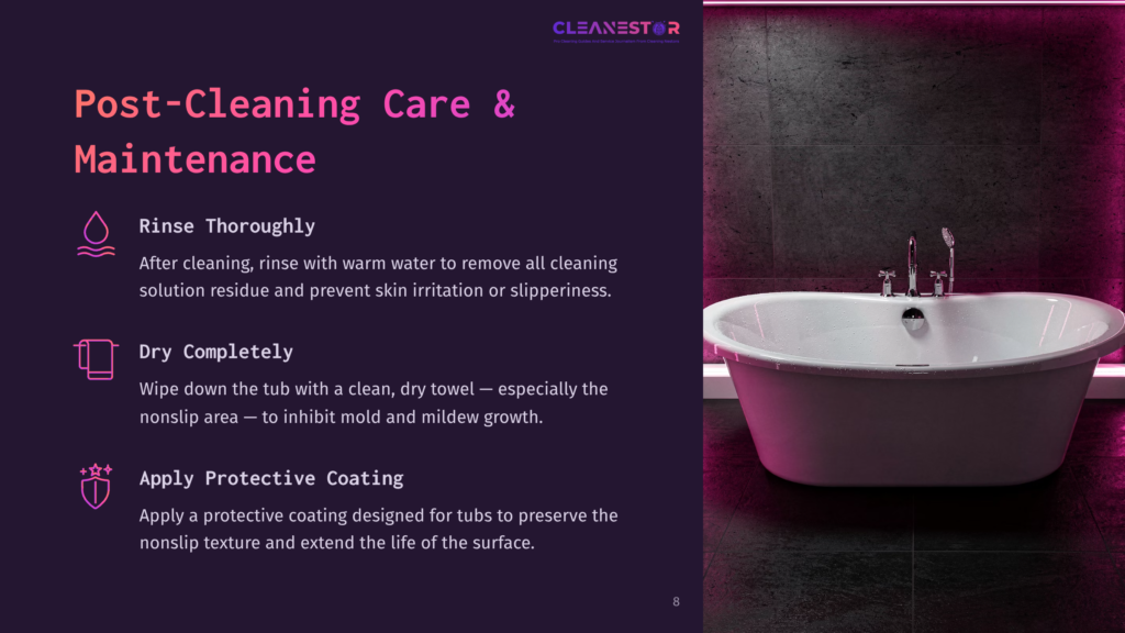 A Luxurious White Bathtub Sits In A Modern, Dimly Lit Bathroom With Pink And Purple Accent Lighting. Text On The Left Details Post-Cleaning Care And Maintenance Tips For Tubs.