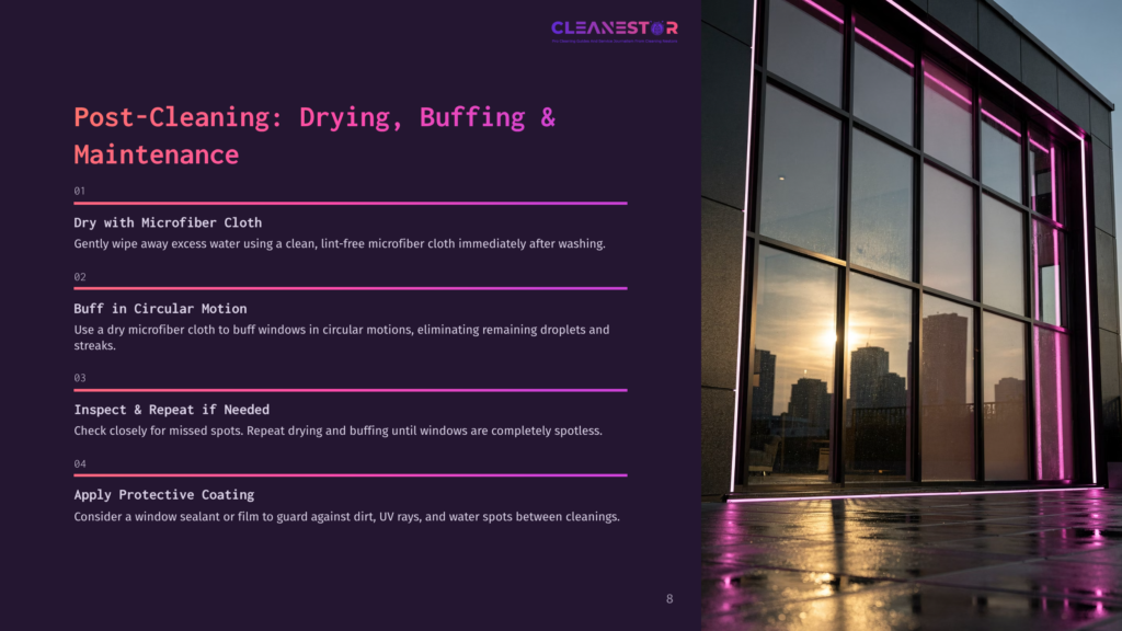 Cleanestor Logo Above Text Detailing Post-Cleaning Steps: Drying, Buffing, And Maintenance. Scene Shows A Modern Building With Large Glass Windows Reflecting A Sunset, Illuminated By Pink Neon Lights.