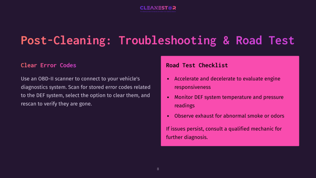 Post-Cleaning Troubleshooting &Amp; Road Test Checklist On A Dark Background With The Cleanestar Logo. The Checklist Includes Accelerating/Decelerating, Def System Temperature, And Exhaust Odor Checks.