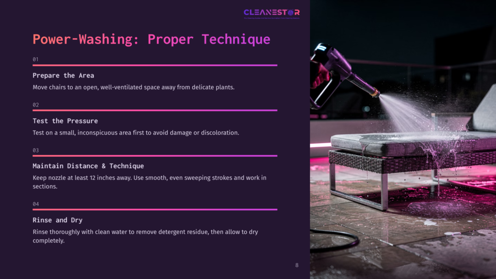 Power-Washing Furniture With A High-Pressure Spray, Showing Proper Technique. The Image Highlights The Process Of Cleaning Outdoor Seating With A Focused Water Stream.