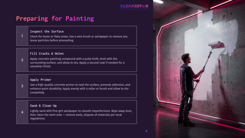 A Man In A Black Shirt And Pants Uses A Paint Roller To Apply White Primer To A Rough Concrete Wall, Illuminated By A Bright Pink Neon Light Outline.