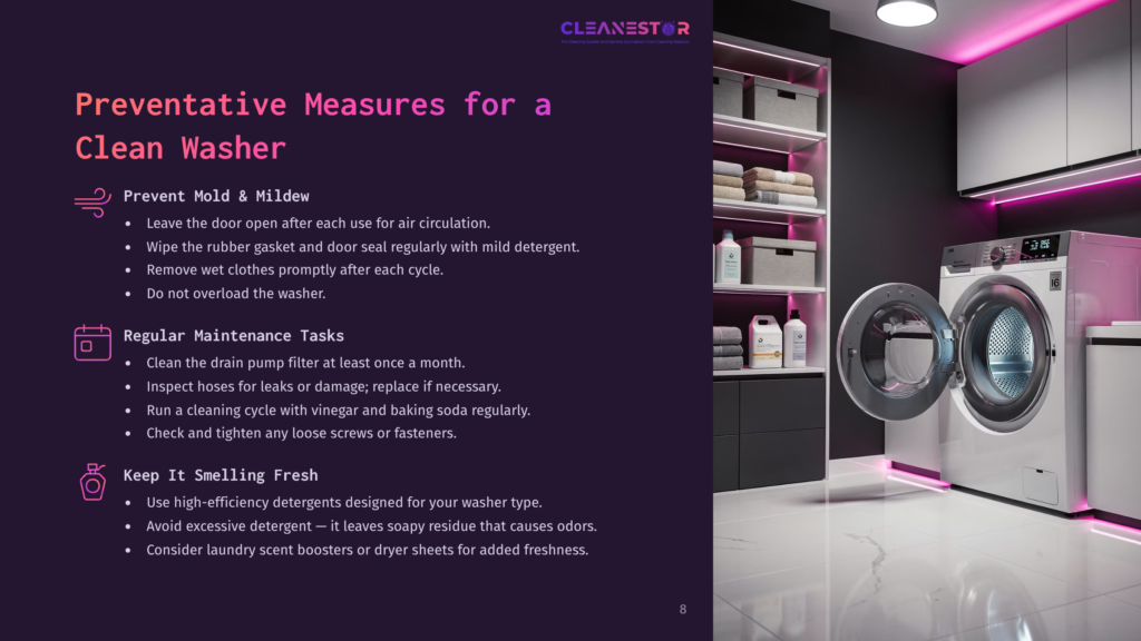 A Modern Washer Is Shown In A Stylish Laundry Room With Purple Accents, Shelves Stacked With Detergent, And Cleaning Tips Displayed.