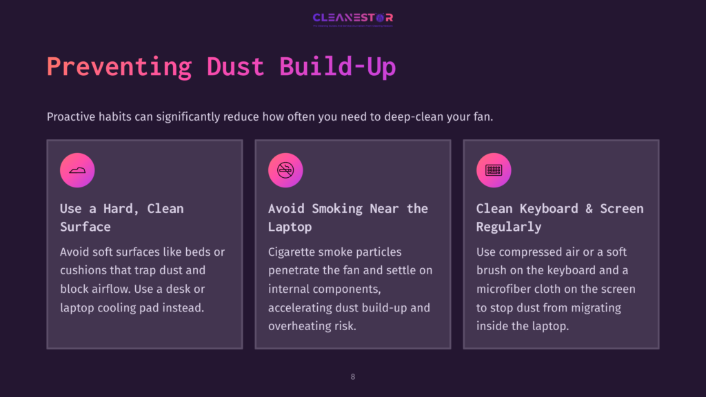 Three Dark Purple Cards With Icons And Text About Preventing Dust Build-Up On Laptops: &Quot;Use A Hard, Clean Surface&Quot;, &Quot;Avoid Smoking Near The Laptop&Quot;, And &Quot;Clean Keyboard &Amp; Screen Regularly&Quot;.
