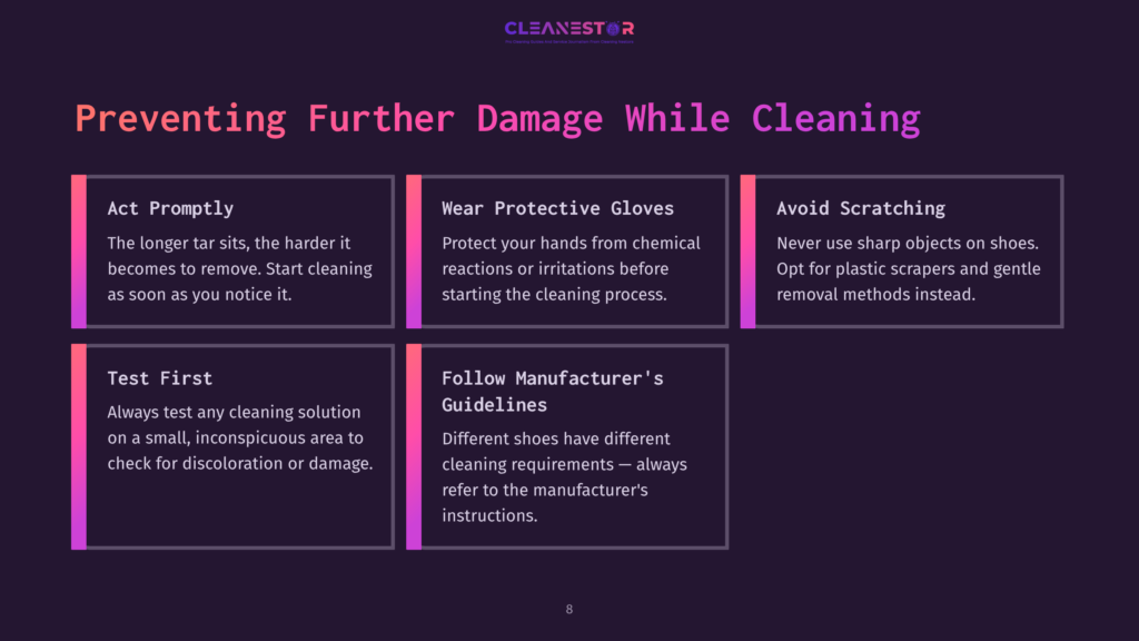 8 Preventing Further Damage While Cleaning A Graphic Displaying Five Tips For Preventing Further Damage While Cleaning, With The Title &Quot;Preventing Further Damage While Cleaning&Quot; And Text Including &Quot;Act Promptly,&Quot; &Quot;Wear Protective Gloves,&Quot; &Quot;Avoid Scratching,&Quot; &Quot;Test First,&Quot; And &Quot;Follow Manufacturer'S Guidelines.