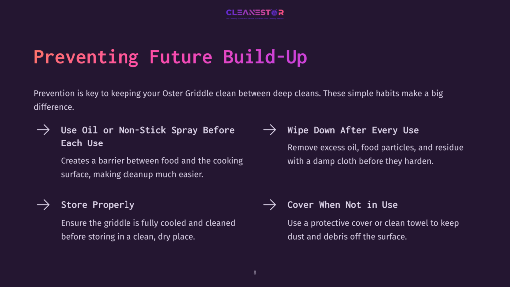 Text Instructions On Preventing Build-Up On A Griddle, Featuring Bullet Points And Arrows, With A Dark Background And Vibrant Purple Accents.