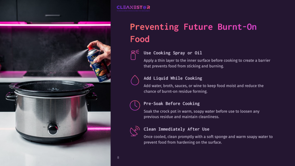 A Black Crock Pot Sits On A Countertop With A Hand Spraying Cooking Oil. Bright Pink Lighting Highlights The Scene, With Text Outlining Cleaning Tips.