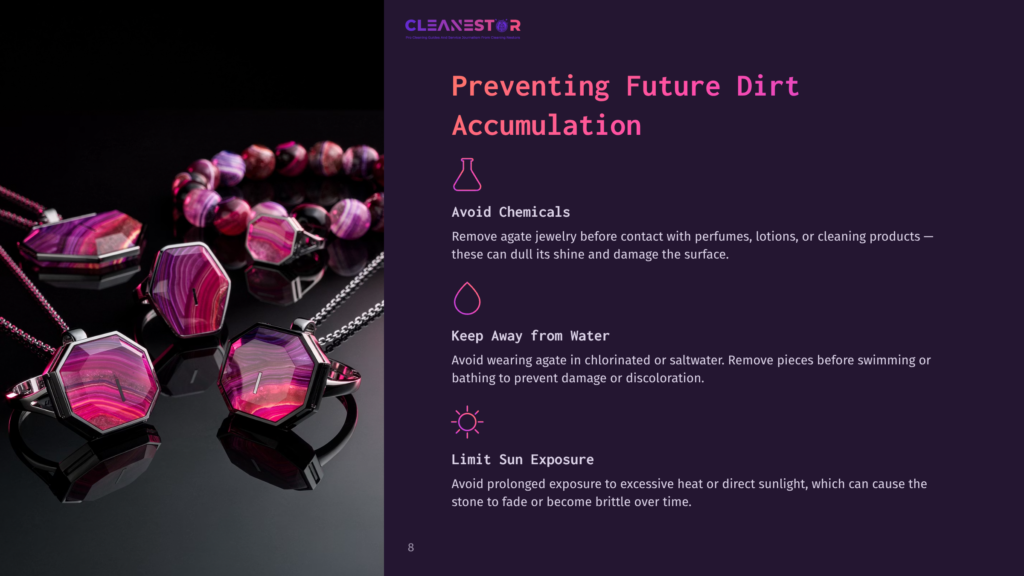 A Close-Up Of Shiny, Pink And Purple Agate Jewelry Displayed Alongside Cleaning Tips In White Text On A Dark Background.