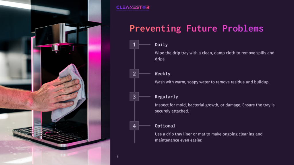 A Person'S Hands Wipe Down The Drip Tray Of A Modern Black Coffee Machine With A Gray Cloth, Illustrating A Cleaning Tip From &Quot;Cleanestor&Quot; About Preventing Future Problems.
