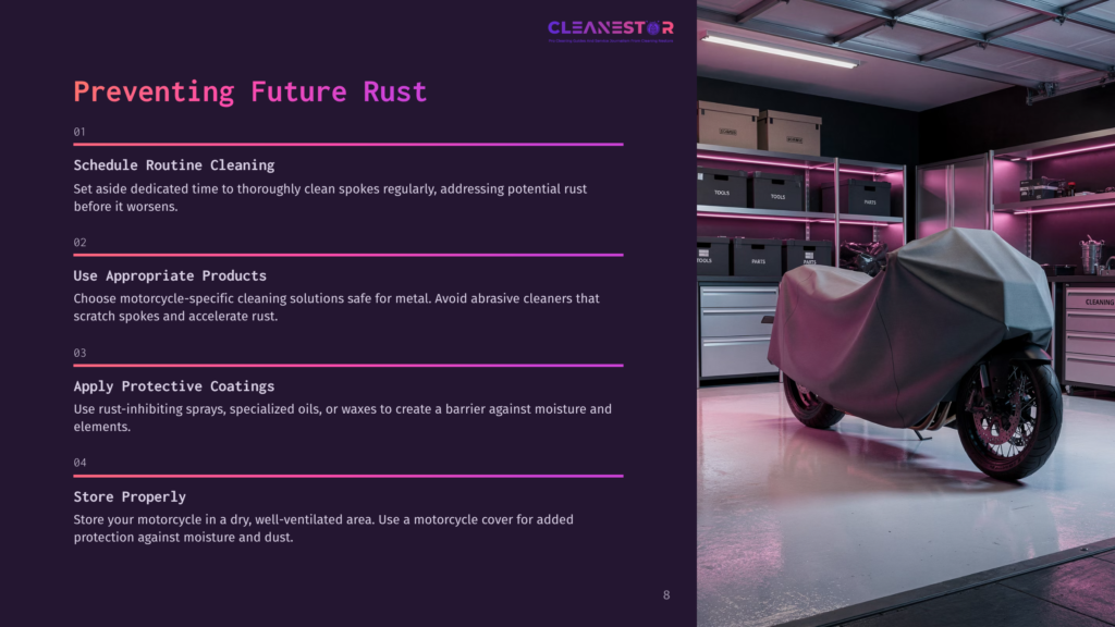 8 Preventing Future Rust A Motorcycle Covered In A Grey Tarp Sits In A Garage With Purple Led Lighting. Shelving Units Filled With Tools And Parts Are Visible In The Background. Text On The Left Reads &Quot;Preventing Future Rust&Quot; With Cleaning Tips.