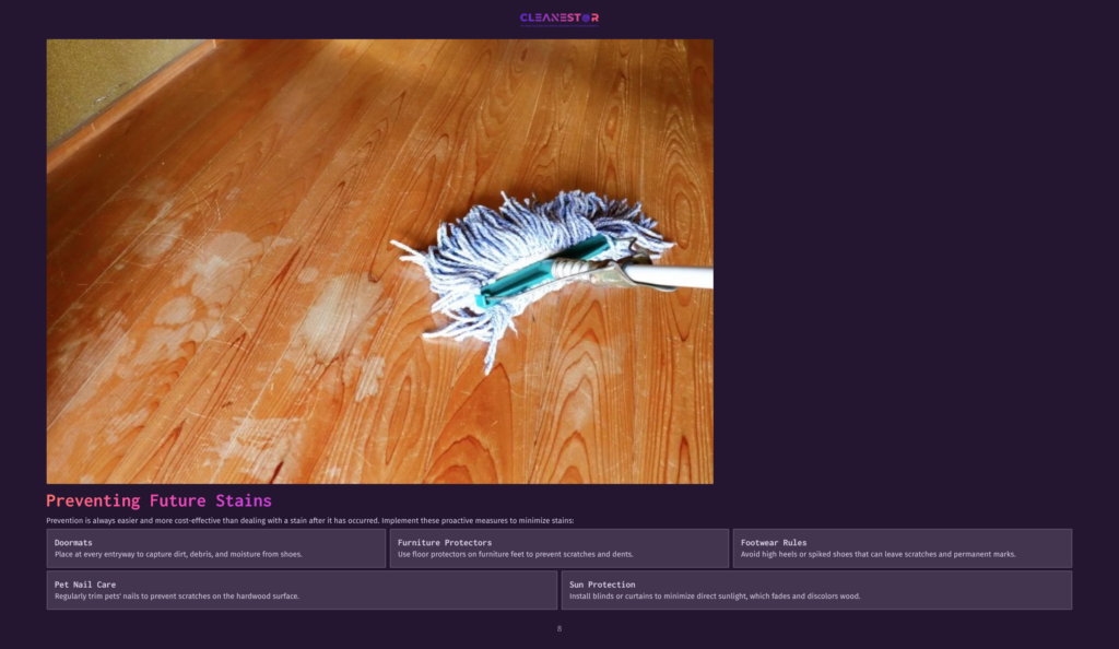 8 Preventing Future Stains A Mop With A Blue And White Head Rests On A Wooden Floor, Showcasing A Clean Section And A Visible Stain Area Nearby.