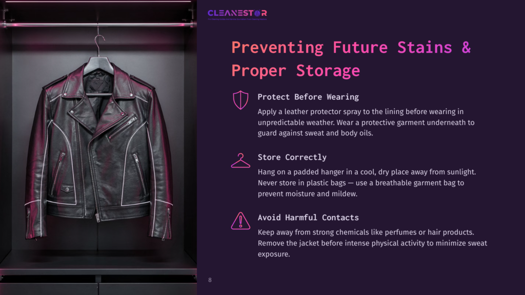 Black Leather Jacket Hanging In A Closet, With Text On The Right About Preventing Future Stains And Proper Storage, Including Tips On Protecting, Storing, And Avoiding Harmful Contacts.