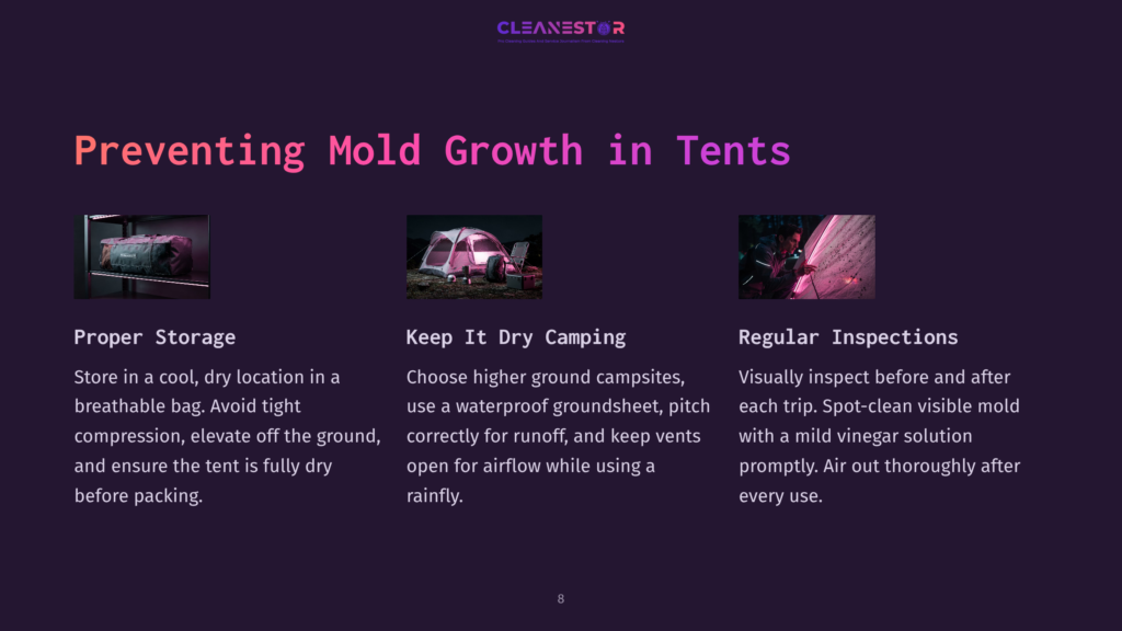 Three Images Illustrate Preventing Mold In Tents: Proper Storage In A Breathable Bag, A Tent On A Waterproof Groundsheet, And A Close-Up Of A Tent'S Spot-Clean Visible Mold.
