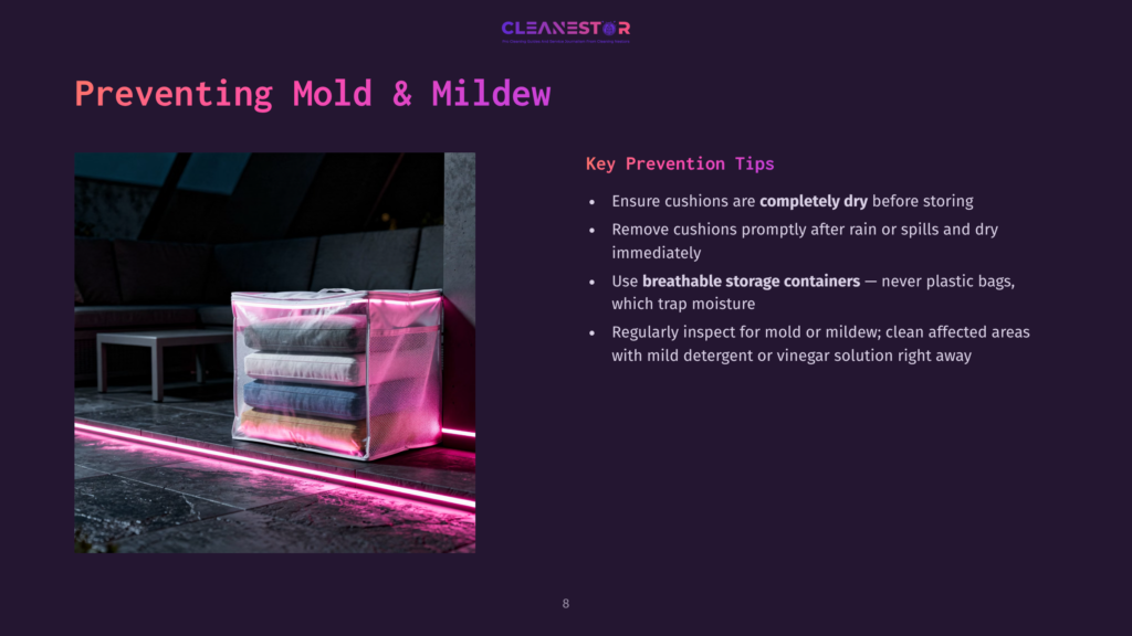 A Clear Storage Bag Filled With Neatly Folded Cushions Sits On A Dark Tiled Floor, Illuminated By Vibrant Pink Neon Lighting. The Bag Is Transparent, Revealing Cushions In Shades Of Grey, White, And Blue, Stacked Neatly Inside. The Background Is Dark And Out Of Focus, With Hints Of Outdoor Furniture Visible.