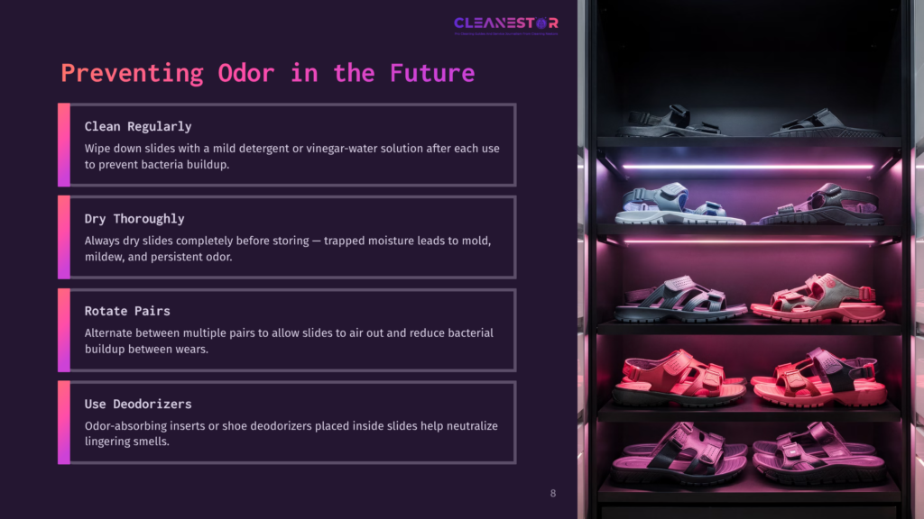 A Closet With Shelves Displaying Sandals Of Various Colors, Illuminated By Pink Led Lights. Text Overlays Provide Tips On Preventing Odor In Footwear, Such As &Quot;Clean Regularly,&Quot; &Quot;Dry Thoroughly,&Quot; &Quot;Rotate Pairs,&Quot; And &Quot;Use Deodorizers.