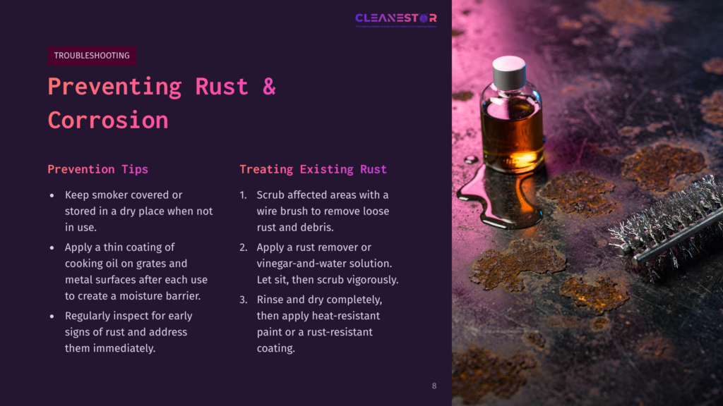 A Bottle Of Rust Remover Sits On A Dark Purple Background, Next To A Rust-Stained Brush And A Rusty Surface, With Tips For Prevention And Treatment.