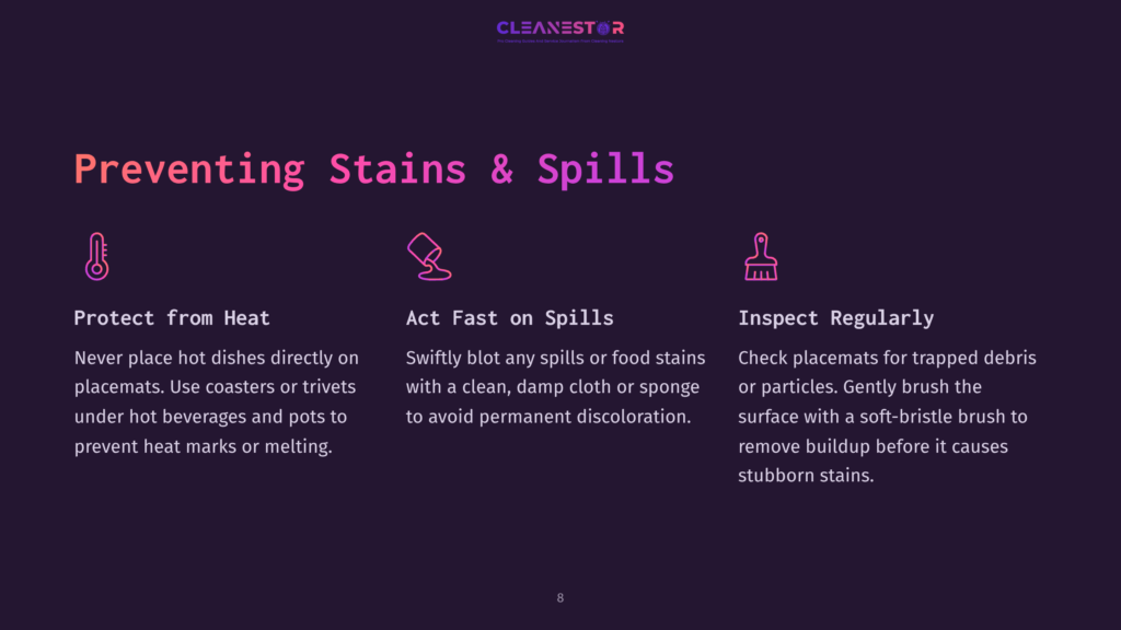 Preventing Stains And Spills: Protect From Heat With Placemats And Coasters, Act Fast On Spills With Damp Cloth, And Inspect Regularly For Buildup.