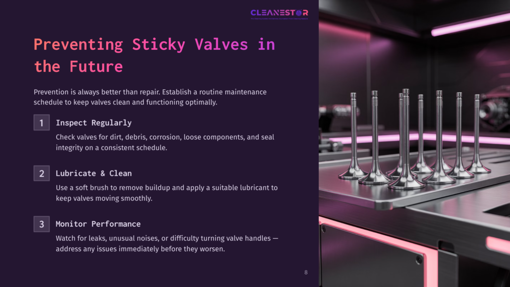Preventing Sticky Valves In The Future: A Row Of Clean, Polished Engine Valves On A Metal Surface, With A Blurred Background And The Cleanestor Logo.