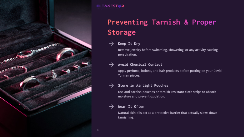 A Dark Velvet Jewelry Box Containing David Yurman Pieces, With Tips On Preventing Tarnish And Proper Storage Outlined In White Text.