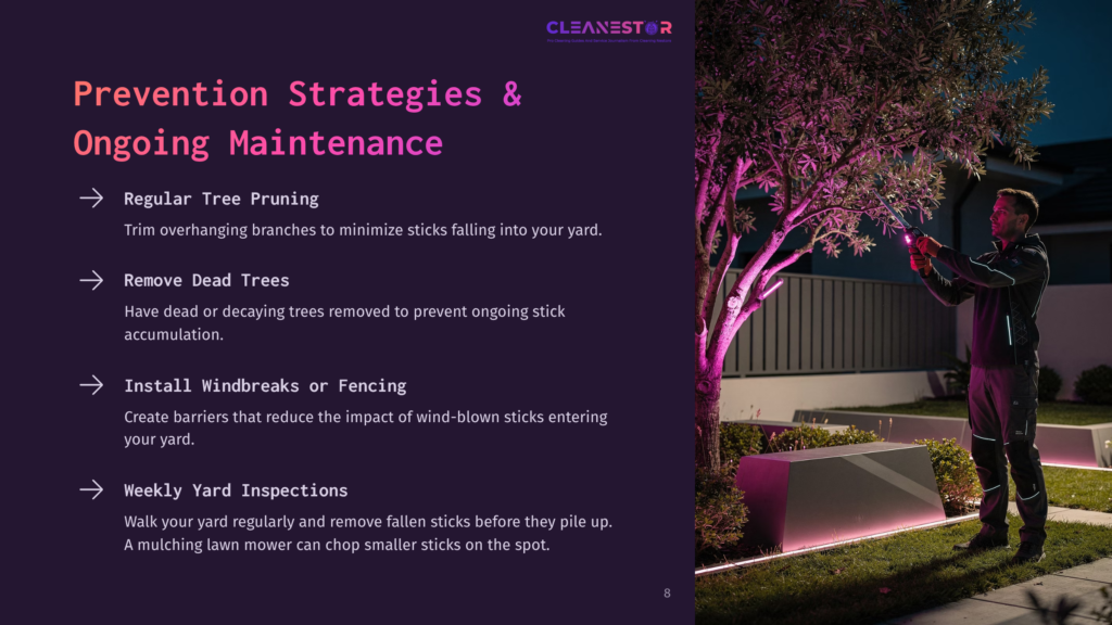 A Man Trims A Tree At Night With Pink Lights Illuminating The Scene. Text Overlay: &Quot;Cleanestor Prevention Strategies &Amp; Ongoing Maintenance&Quot;.