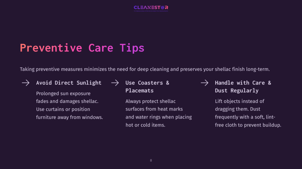 Preventive Care Tips For Shellac: Avoid Direct Sunlight, Use Coasters, And Handle With Care. Text On A Dark Background With A Purple Gradient.