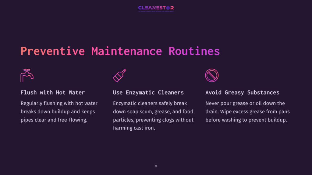 Preventive Maintenance Routines For Plumbing: Flush With Hot Water, Use Enzymatic Cleaners, And Avoid Greasy Substances. Icons Represent Each Tip.