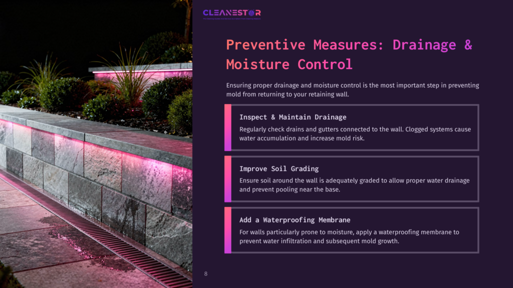 A Stone Retaining Wall With Pink Lighting At The Top, Alongside Text Boxes Outlining Steps For Mold Prevention And Moisture Control.