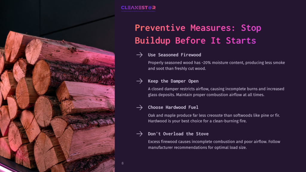 A Stack Of Seasoned Firewood, Bathed In Pink And Purple Light, With Text Overlay About Preventing Chimney Buildup. Keywords: Seasoned Firewood, Chimney Buildup Prevention.