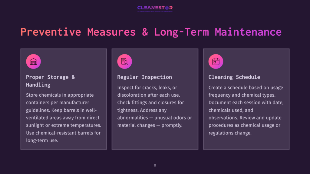 Four Purple Boxes With White Text; Topics Include Proper Storage &Amp; Handling, Regular Inspection, And Cleaning Schedule, All Set Against A Dark Background.
