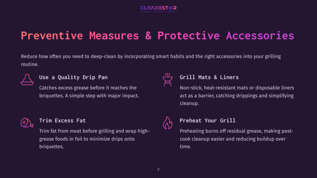 Preventive Measures And Protective Accessories For Grilling: Use A Quality Drip Pan, Grill Mats &Amp; Liners, Trim Excess Fat, And Preheat Your Grill. Cleanestor Logo At The Top.