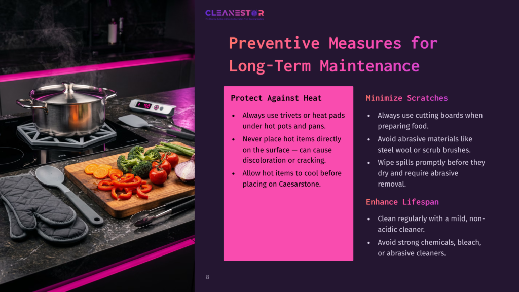 A Kitchen Countertop With A Pot, Cooking Utensils, And Colorful Vegetables, Featuring Pink Lighting And Maintenance Tips On The Side.