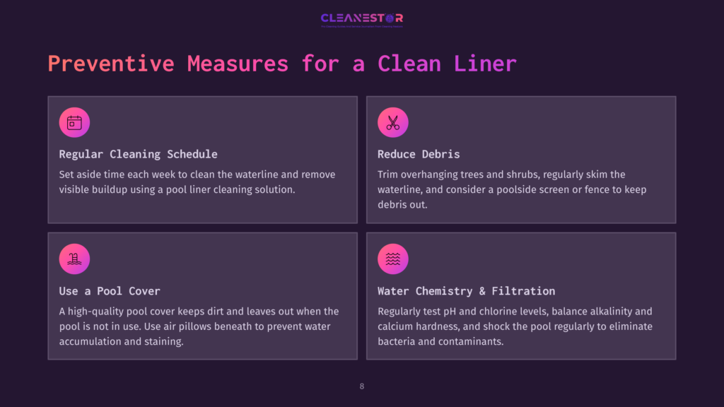 8 Preventive Measures For A Clean Liner Infographic Outlining Preventive Measures For A Clean Pool Liner, Including Regular Cleaning, Debris Reduction, Pool Cover Use, And Water Chemistry/Filtration, Presented By Cleanestor.