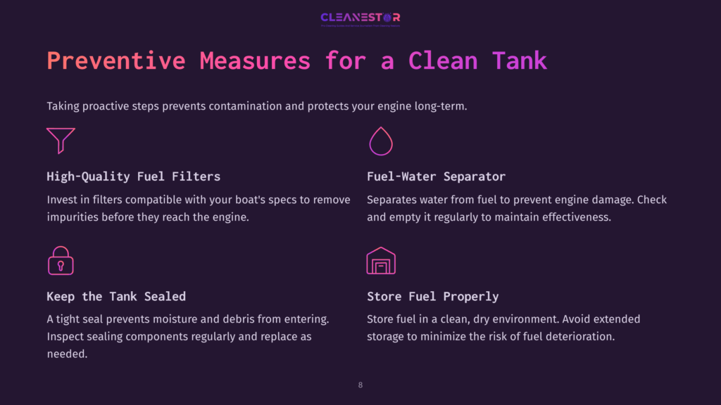 Preventive Measures For A Clean Tank: High-Quality Fuel Filters, Fuel-Water Separator, Keep The Tank Sealed, And Store Fuel Properly. Cleanestor Logo At The Top.