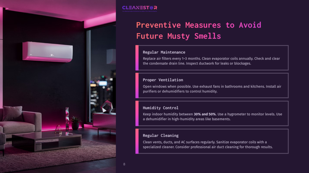 Cleanestor Logo And &Quot;Preventive Measures To Avoid Future Musty Smells&Quot; Text Overlaying A Modern Living Room With A Pink Neon Accent Wall, A Large Window Overlooking A City At Night, And An Air Conditioning Unit.