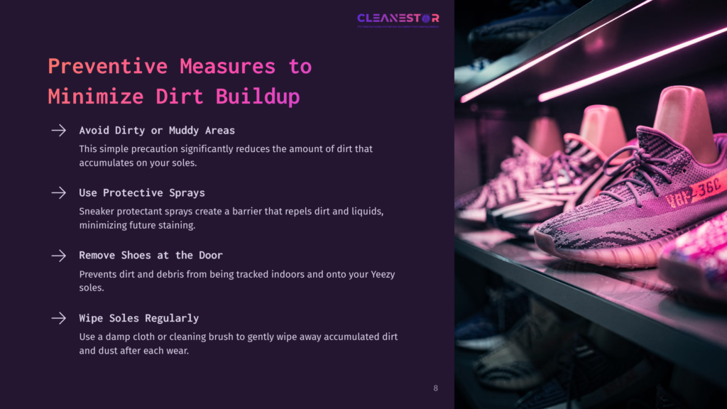 8 Preventive Measures To Minimize Dirt Buildup A Row Of Colorful Sneakers, Including A Pair Of Pink And Black Yeezy Boost 350S With &Quot;V2-350&Quot; Visible, Are Displayed On Shelves Under Bright Pink Led Lights. The Image Also Shows Text On The Left About Preventive Measures To Minimize Dirt Buildup On Shoes.