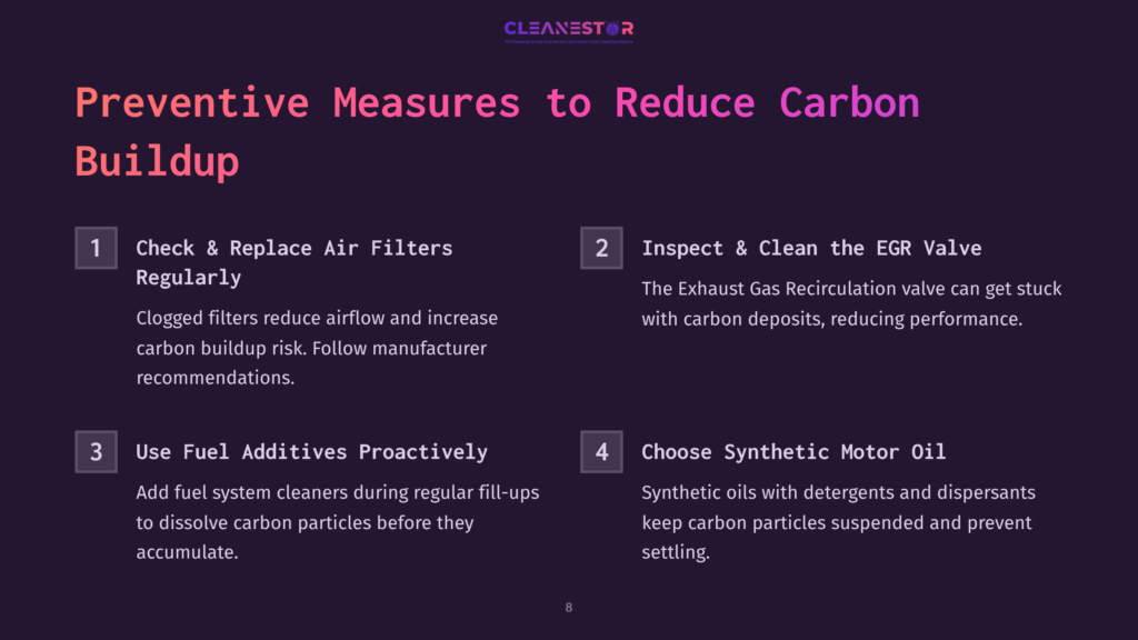 8 Preventive Measures To Reduce Carbon Buildup Preventive Measures To Reduce Carbon Buildup: Check And Replace Air Filters, Inspect And Clean The Egr Valve, Use Fuel Additives Proactively, And Choose Synthetic Motor Oil. Text Overlay On A Dark Background.