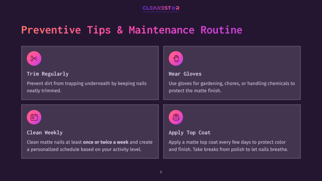 8 Preventive Tips And Maintenance Routine Infographic Detailing A Preventive Tips &Amp; Maintenance Routine For Nails, Featuring Icons For Trimming, Gloves, Cleaning, And Top Coat Application.