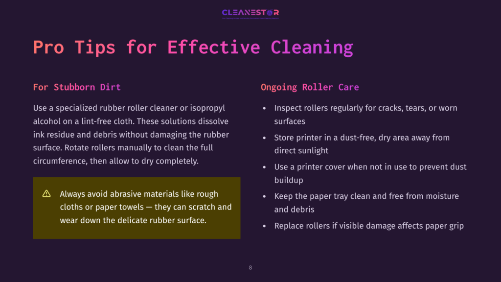Pro Tips For Effective Cleaning: For Stubborn Dirt, Use Specialized Rubber Roller Cleaner Or Isopropyl Alcohol. Ongoing Roller Care: Inspect Rollers Regularly For Cracks, Tears, Or Worn Surfaces And Store Printers In A Dust-Free Area.