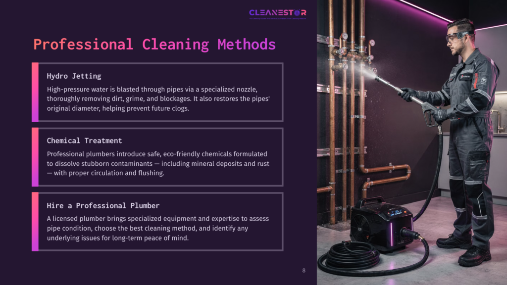 Professional Plumber Using A Hydro Jetting Machine To Clean Pipes, With Text Overlay &Quot;Professional Cleaning Methods&Quot; And &Quot;Hydro Jetting&Quot;.