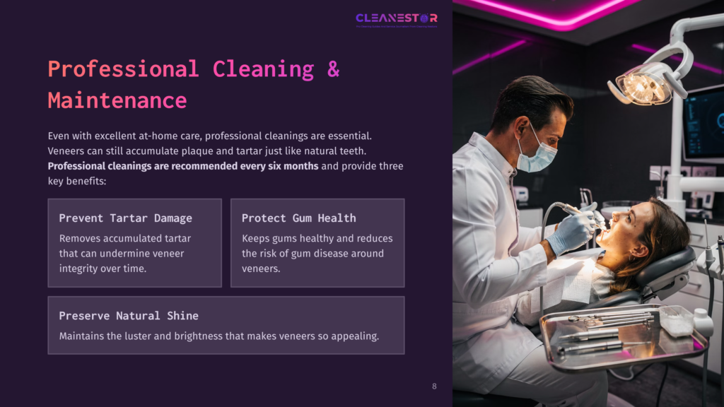 8 Professional Cleaning And Maintenance Dentist In Mask And Gloves Performing Professional Teeth Cleaning And Veneer Maintenance On A Female Patient, Using Dental Tools. Text Overlay: Professional Cleaning &Amp; Maintenance.