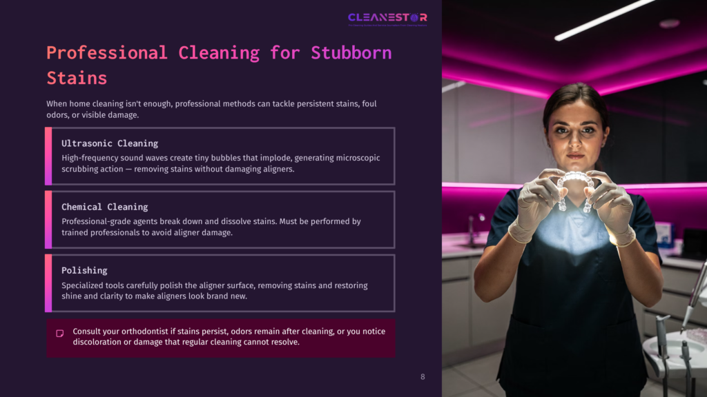 A Woman In A Dark Uniform Holds An Illuminated Invisalign Aligner In A Modern Setting With Pink Lighting, Demonstrating Cleaning Techniques.