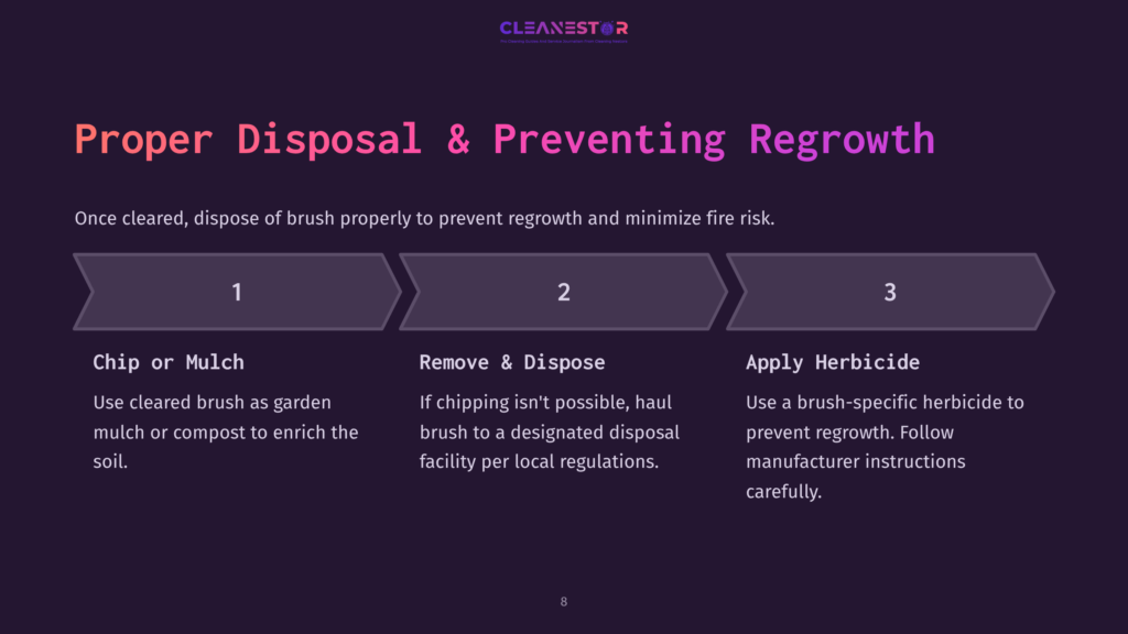 8 Proper Disposal And Preventing Regrowth Flowchart Illustrating Proper Brush Disposal And Regrowth Prevention: 1. Chip Or Mulch Cleared Brush. 2. Remove &Amp; Dispose Of Brush If Not Chipped. 3. Apply Specific Herbicide To Prevent Regrowth. The Text &Quot;Cleanestor&Quot; Is At The Top.