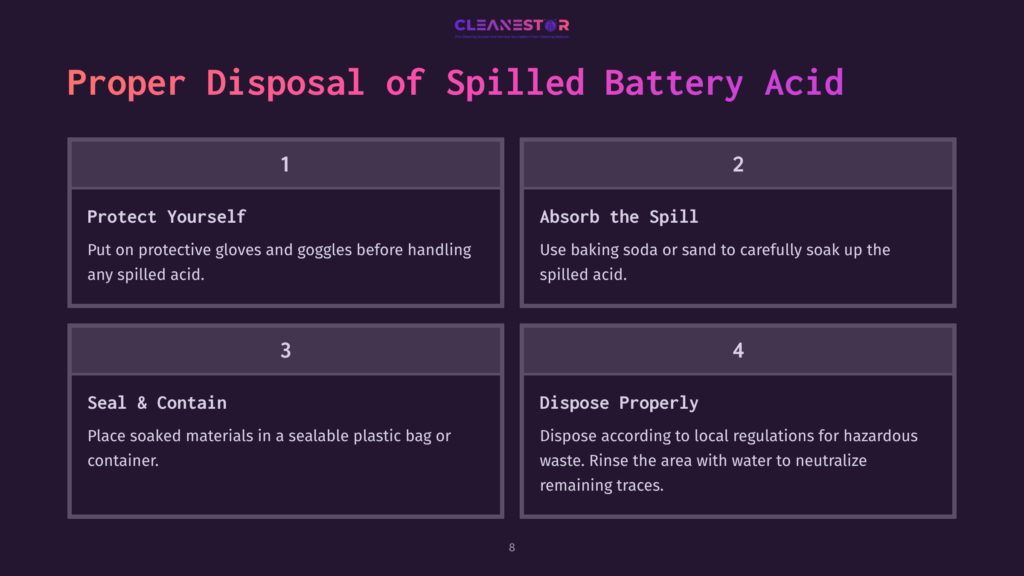 Four-Step Guide On Proper Disposal Of Spilled Battery Acid, With Numbered Sections And Purple Backgrounds, Emphasizing Safety And Cleanup Methods.