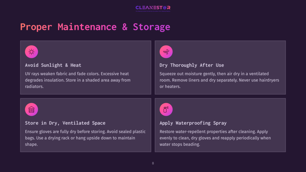 8 Proper Maintenance And Storage Brightly Colored Background With Four Quadrants Containing White Text Instructions On Maintaining And Storing Ski Gloves, Including Drying, Avoiding Heat, And Applying Waterproofing Spray.