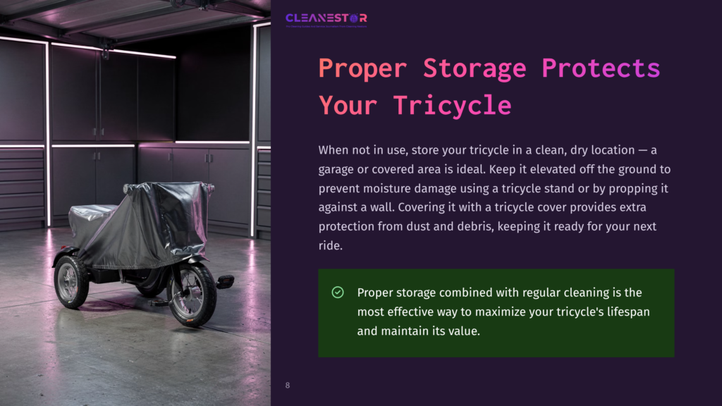 Cleanestor Logo Above A Silver Tricycle Covered By A Gray Tarp In A Clean, Modern Garage With Dark Cabinets. Proper Storage Protects Your Tricycle.