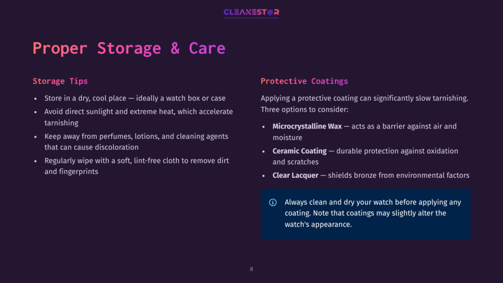 8 Proper Storage And Care A Dark Background With Purple And Blue Gradients. Text On The Slide Details Proper Storage And Protective Coatings For Watches, With Bullet Points Listing Tips Like Storing In A Dry Place And Using Microcrystalline Wax Or Ceramic Coating.