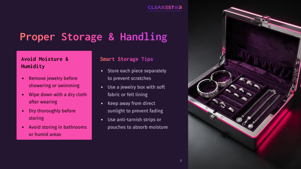 A Plush Purple Jewelry Box Is Open, Displaying An Assortment Of Rings, Necklaces, And Bracelets, With The Text &Quot;Proper Storage &Amp; Handling&Quot; And &Quot;Smart Storage Tips&Quot; Visible On The Left.