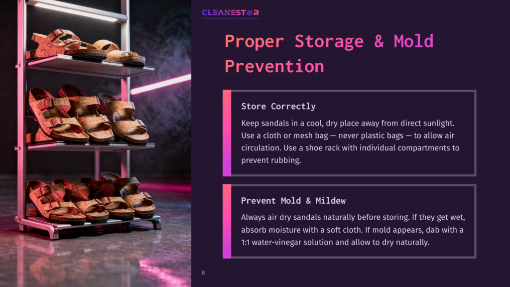 Cork Sandals Neatly Arranged On A Multi-Tiered Shelf With A Dark Background, Illuminated By Colorful Lights, Highlighting Proper Storage Tips.