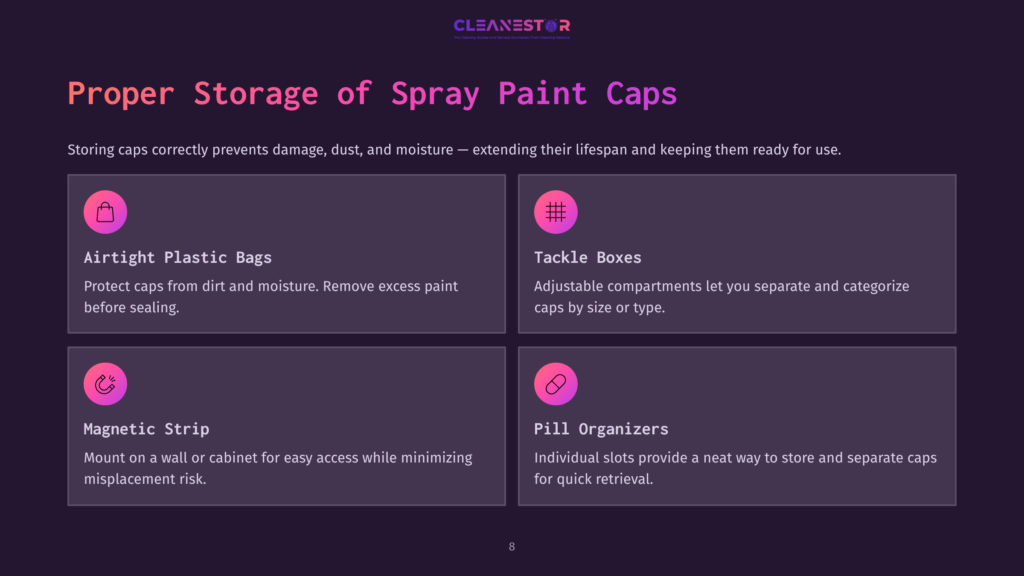 8 Proper Storage Of Spray Paint Caps Infographic Titled &Quot;Proper Storage Of Spray Paint Caps&Quot; Showing Four Storage Solutions: Airtight Plastic Bags, Tackle Boxes, Magnetic Strip, And Pill Organizers.